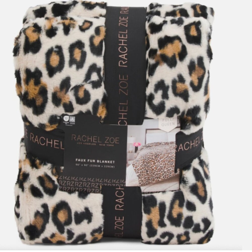 Rachel Zoe Spotted Leopard Faux Fur Blanket FULL/QUEEN 90x90 Animal Print Luxury